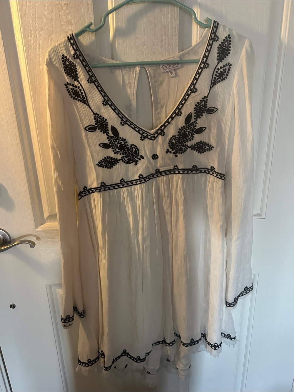 Shyanne Cream Long-Sleeve Boho Dress with Black Embroidery